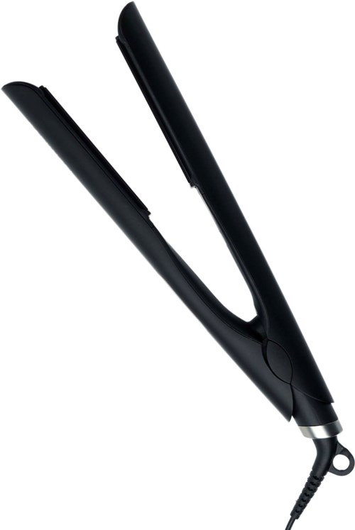 Ein schwarzer Glätteisen mit zwei langen flachen Platten und Kabel.