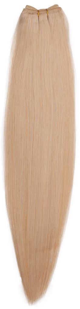 Det är ett långt, rakt blont hårförlängning eller wig med en naturlig glans.
