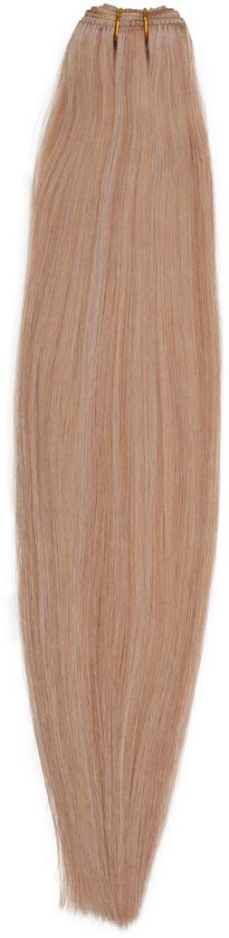 Lång, rakt, blond hårförlängning med en gyllene clips högst upp.