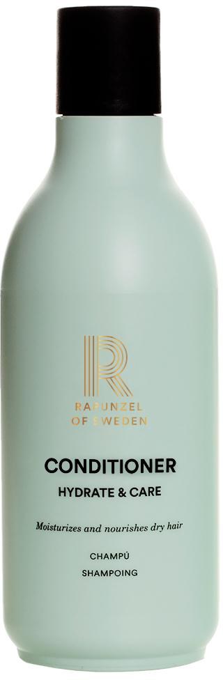 En ljusgrön flaska märkt 'Conditioner Hydrate & Care' med svart lock, för återfuktning av torrt hår.