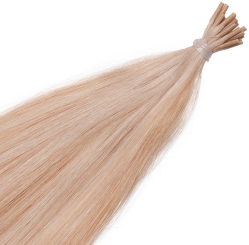 En bunt långa, raka, blonda hårförlängningar som är knutna i ena änden.