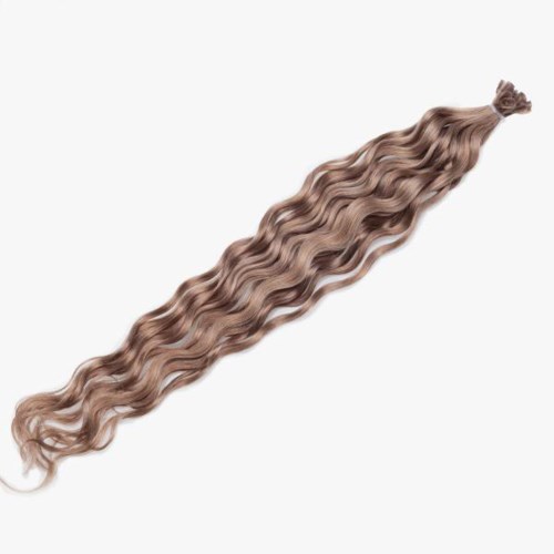 En lång, vågig, blond hårförlängning med en knuten ände.