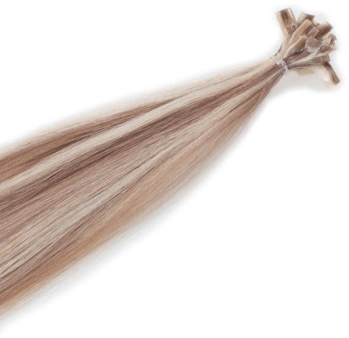 En bunt blondt rett hårforlengelse bundet øverst.