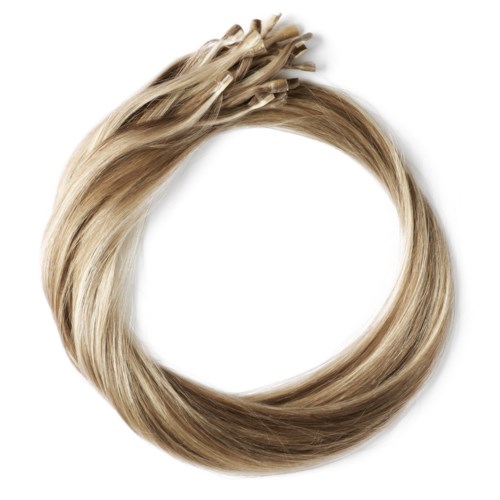 Blont hår i en cirkulär form, med några kluvna toppar.