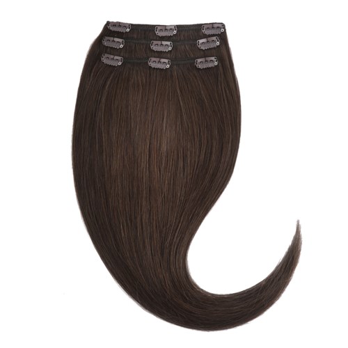 A set of brown hair extensions with clips, shaped in a wave, designed to clip onto natural hair.