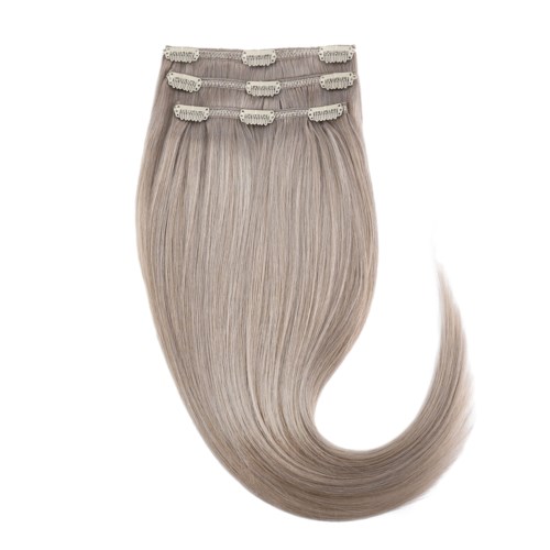 A clip-in hair extension is shown, light blonde color, with four clips for attachment.