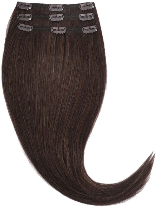 A hair extension with dark brown hair and small clips to attach to natural hair.