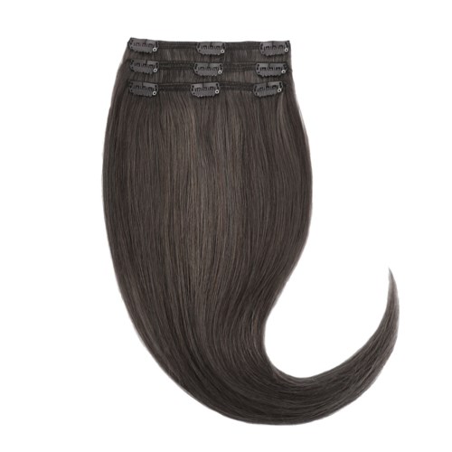 Long, straight, dark hair with clips at the top, resembling a hairstyle. Hair curls at the bottom in a tail shape.