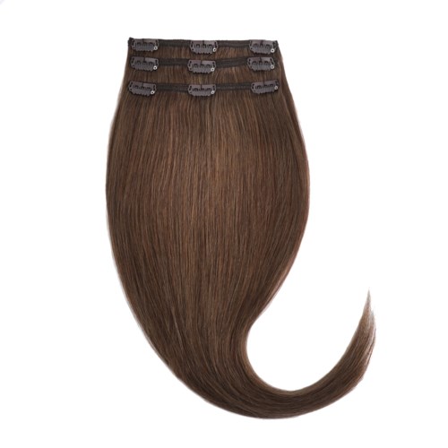 Dit is een haarverlenging met lang, recht, lichtbruin haar en kleine clips bovenaan.