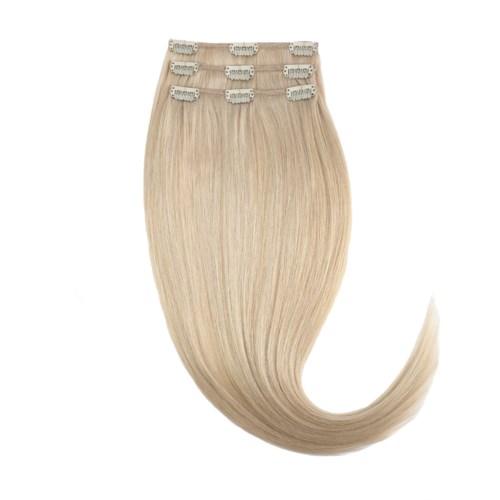 Blonde hair extension with clips at the top.