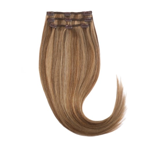 Clip-in hair extensions in various shades, with clips attached at the top for easy wear.
