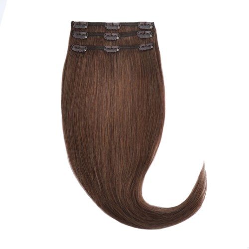 A hair extension with four clips, in light brown color, shaped like a curled hair strand.