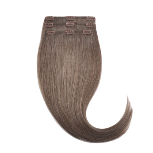 A hair extension piece with clips, long, straight, and light brown in color, styled in a swooping shape.