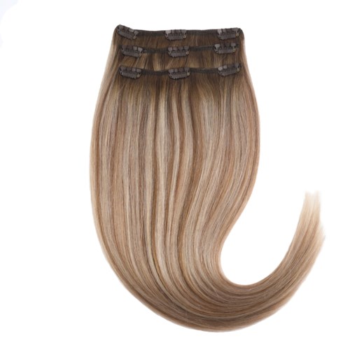 Clip-in hair extensions with blonde hair and black clips at the top.
