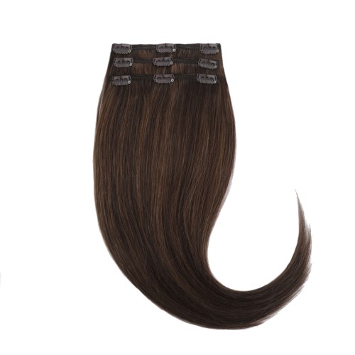 Clip-in hair extensions in dark brown, with clips attached for easy wear.