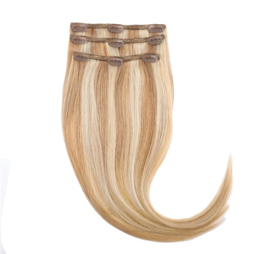 Three blonde clip-in hair extensions with brown wefts and a tail extension.