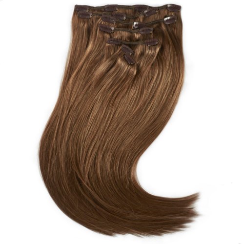 Brown hair extensions with clips, smooth and shiny, slightly curled at the ends.