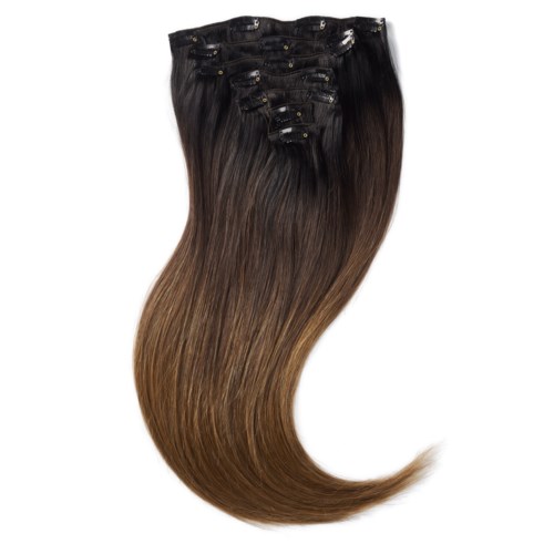 Extensions of straight, brown hair with clips at the top, arranged neatly.