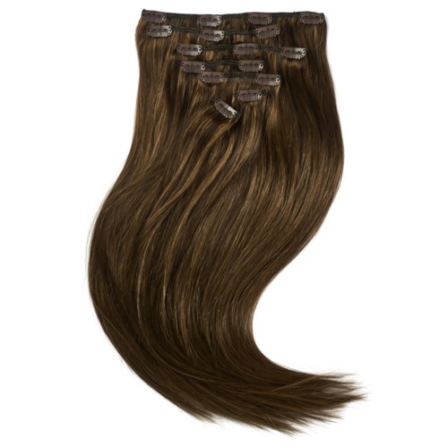 A brown hair extension with clips attached for easy application.