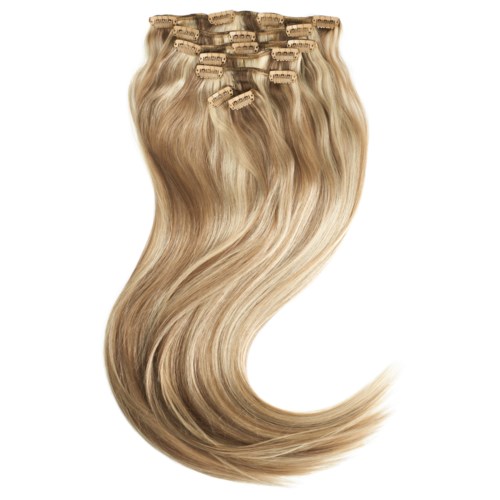 Blonde hair extensions with clips, wavy and shiny, arranged in a neat row.