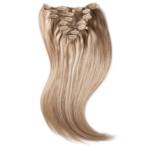Several blonde hair extensions with clips attached, arranged in a slightly curved line.