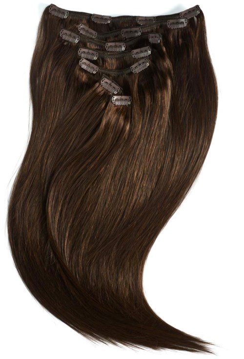 Clip-in hair extensions with brown hair, held by small clips arranged at the top.