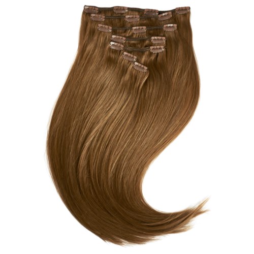 Clip-in hair extensions in a light brown color with clips at the top for attaching.