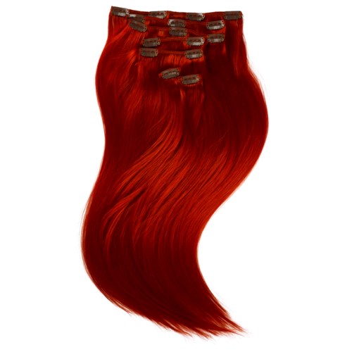 A red hairpiece or wig segment with clips, long and shiny, curves downward.