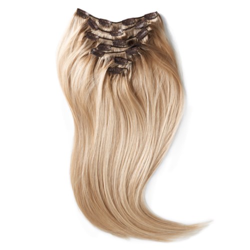 Five blonde hair extension weaves with dark roots shown, arranged in a fanned, curved display.