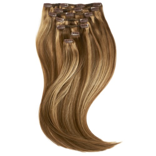 Multiple hair extensions in shades of blonde and light brown, styled with loose waves.