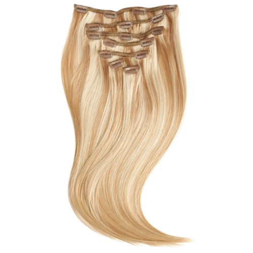Clip-in blonde hair extensions with clips at the top, flowing smoothly downward.