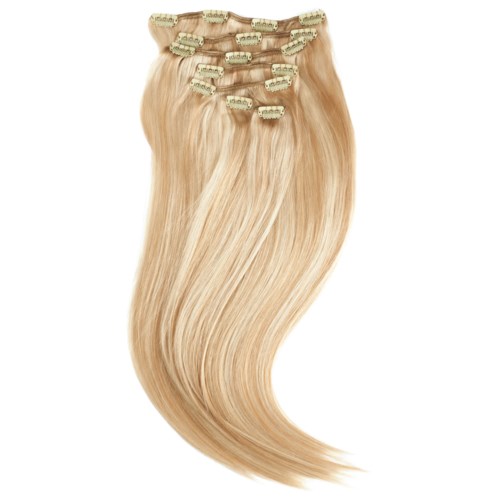 Blonde hair extensions with clips, arranged in a curved shape.