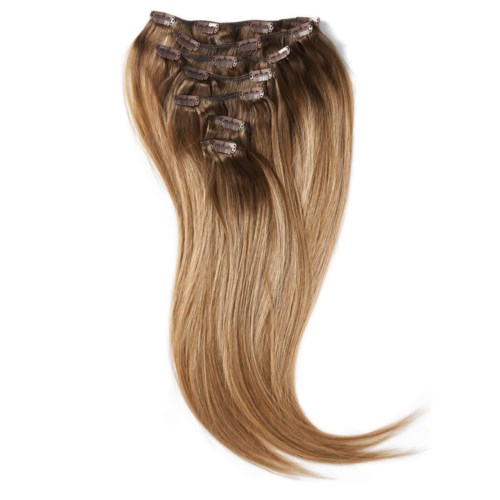 Hair extensions with clips, light brown color, long and wavy.