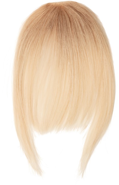 Blond peruk med rakt hår, kortare fransar framtill, tipsen är något mörkare. Ser naturlig och välvårdad ut.