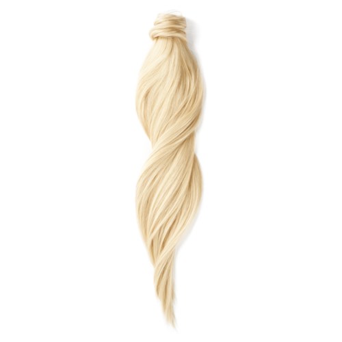 En bunt långt, blont hår med mjuka vågor, knutet upptill.