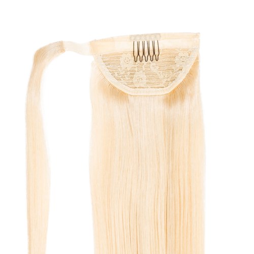 En blonder hårförlängning med clips och en liten del av spets upptill.