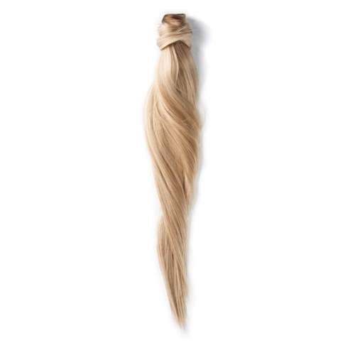 Blont hårförlängning eller peruk med långt, vågigt hår knutet upptill.