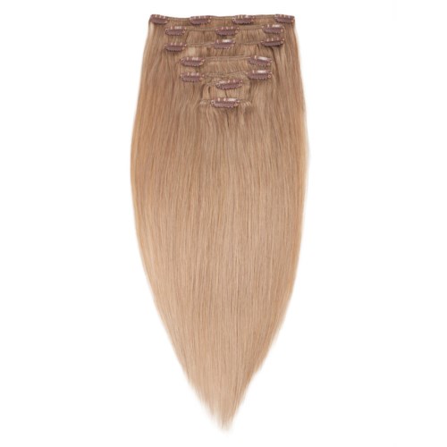 Hårforlengelse med klips, i blond farge, formet som en lang, smal streng.