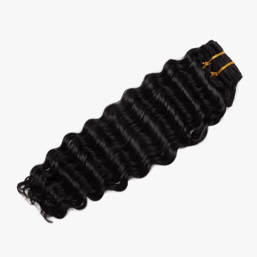 A bundle of black, curly hair extensions with gold bands at the top.