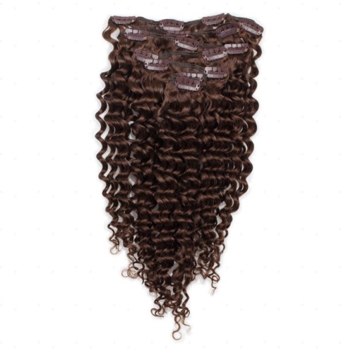 Brown curly hair extensions with clips on top. Long, tight curls fall downward.