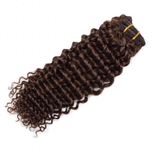 Bundles of long, curly, dark brown hair extensions tied with yellow bands.