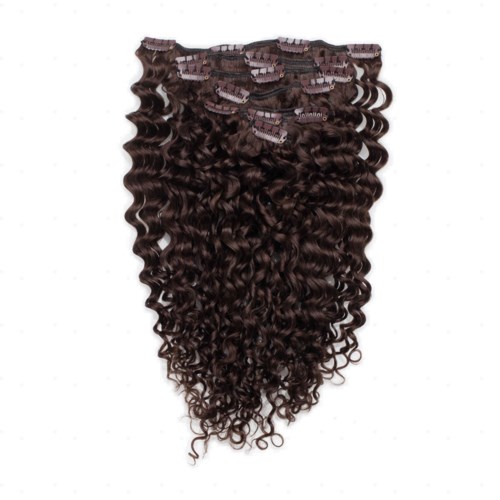 A brown curly clip-in hair extension with multiple small clips at the top.