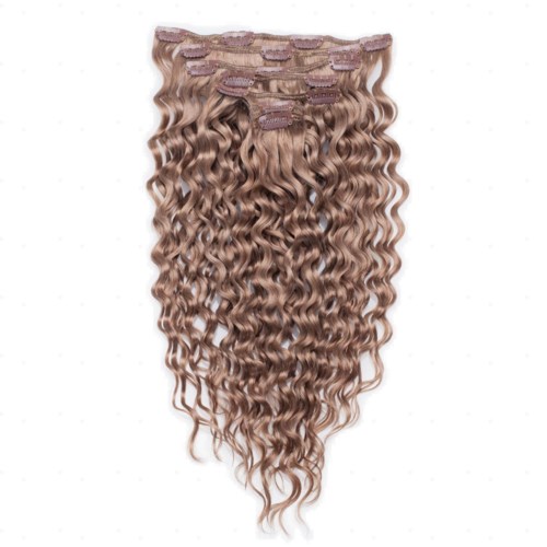 Clip-in hair extensions in light brown with tight curls and lace weft at the top.