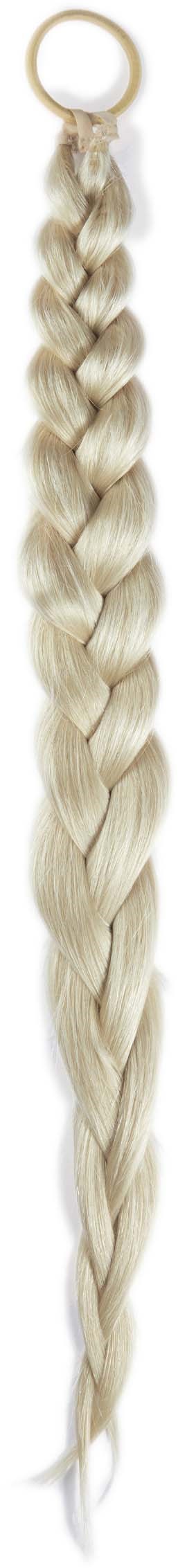 Eine lange, blonde, geflochtene Haarverlängerung mit einem Ring oben.