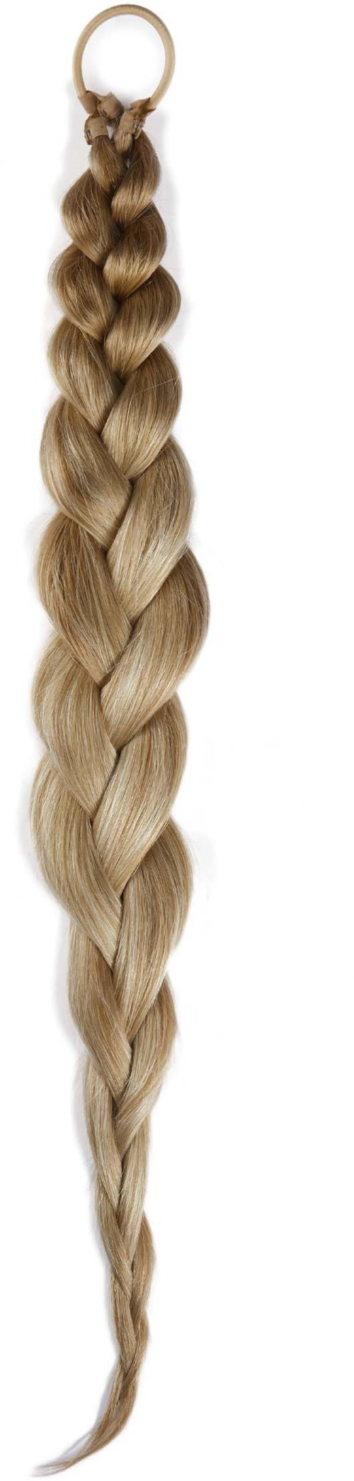 Ein langer blondes Haarzopf mit einem Metallring am oberen Ende.