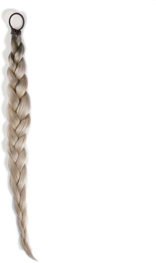 Ein langer, geflochtener Haarersatz mit einem Ring oben, hängt in einem hellblonden Farbton.