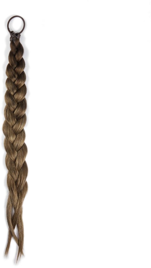 Een lange, bruine, gevlochten haarverlenging met een metalen ring aan de bovenkant.