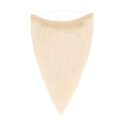 En bit långt, blont hårförlängning eller peruk med lace front, hängande nedåt.