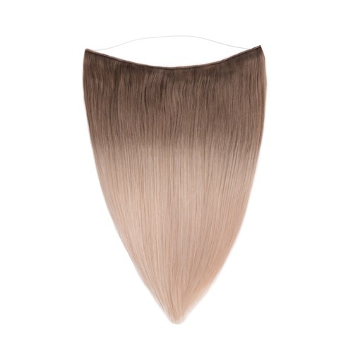 Hårförlängningsklämma med gradient från ljust till mörkt blont och rakt hår.