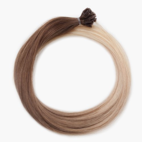 Ett hårprov i en cirkel, halvt mörkbrunt och halvt blont, med en liten svart klämma uppe.